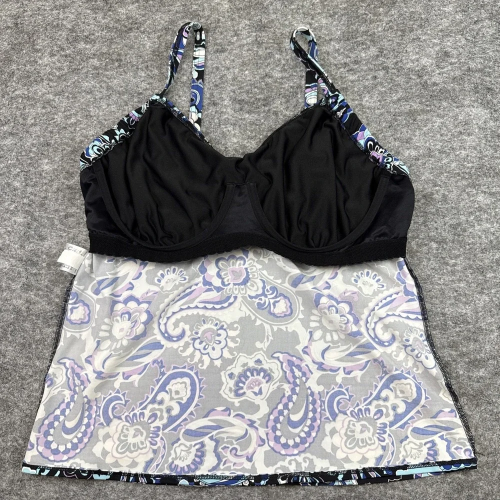 Lands End Tankini women's 14D black floral paisley tropical Hawaiian beach pool
